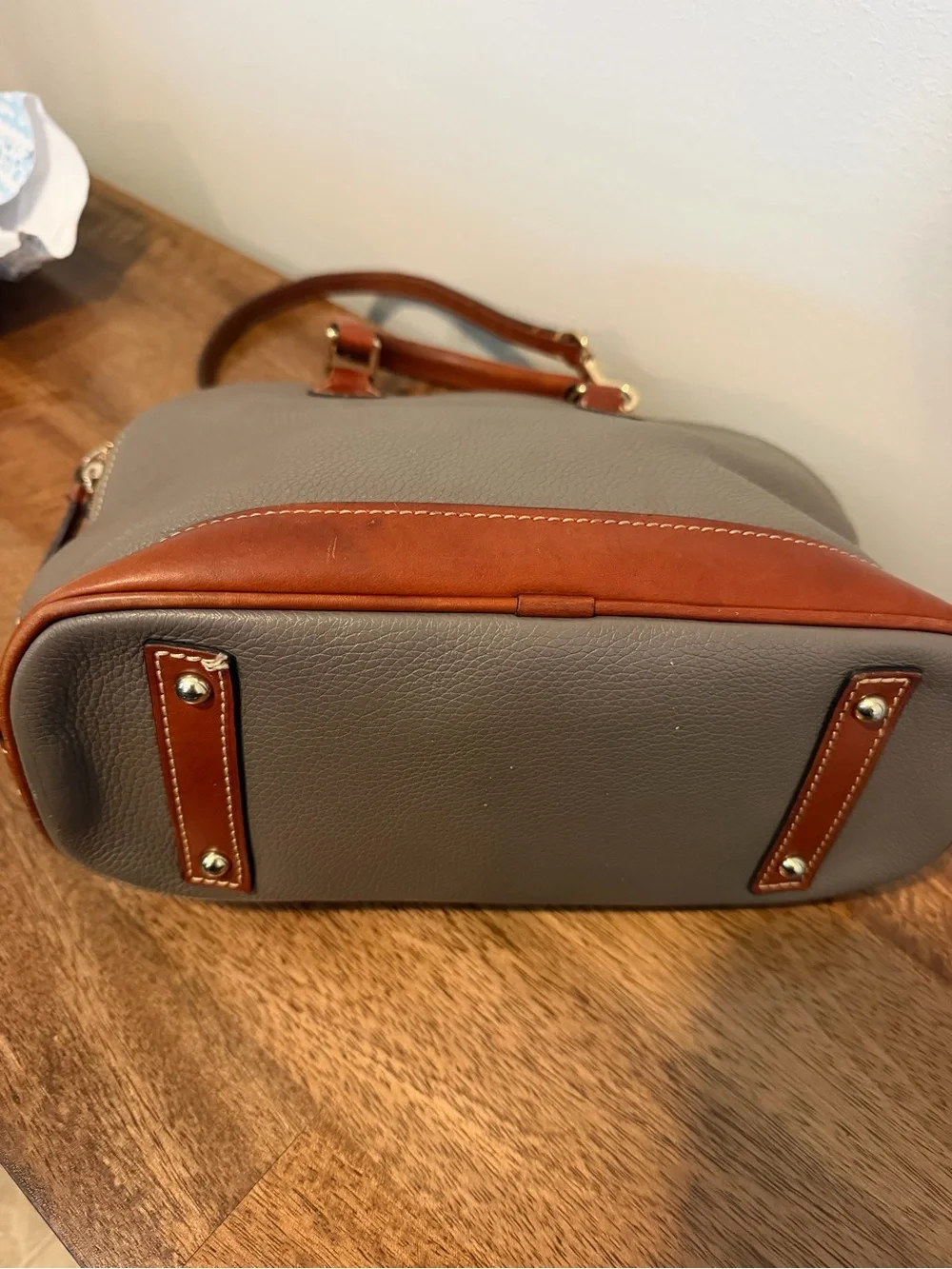 Dooney & Bourke Pebble Grain Zip Zip Satchel with Brown Trim
